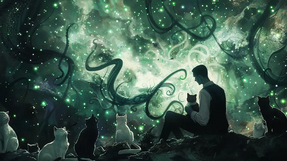 H. P. Lovecraft surrounded by cats green stars dark sky